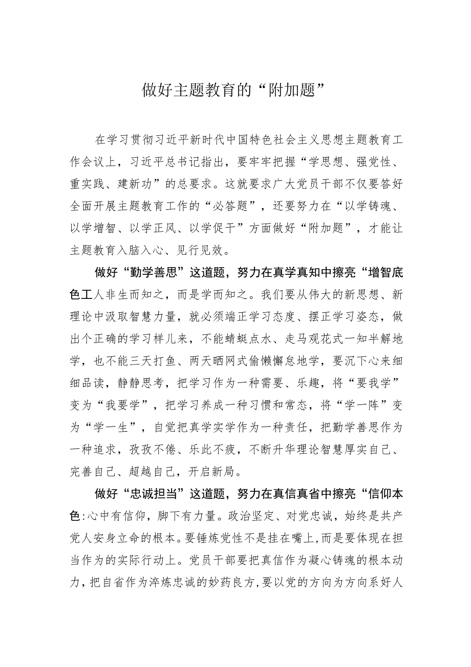 主题教育研讨发言材料做好主题教育的附加题.docx_第1页