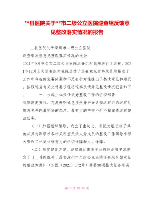 县医院关于市二级公立医院巡查组反馈意见整改落实情况的报告.doc