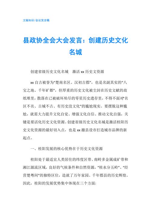 县政协全会大会发言创建历史文化名城.doc