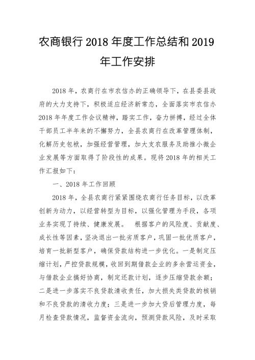 农商银行工作总结和工作安排.doc