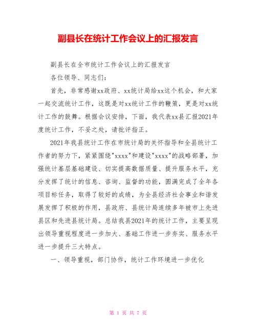 副县长在统计工作会议上的汇报发言.doc