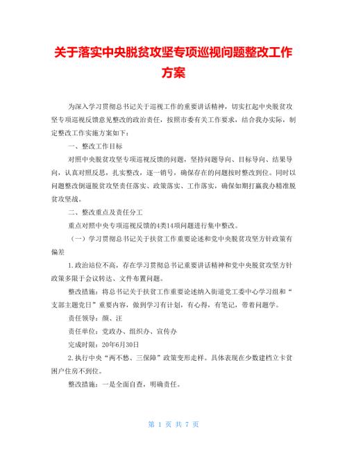 关于落实中央脱贫攻坚专项巡视问题整改工作方案.doc