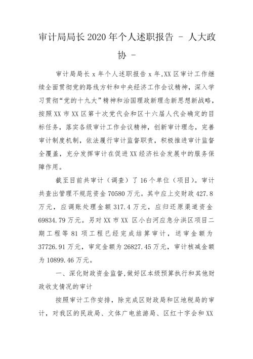 审计局局长2020年个人述职报告人大政协.doc