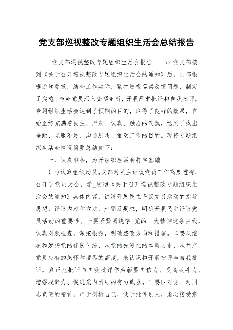 党支部巡视整改专题组织生活会总结报告.docx_第1页