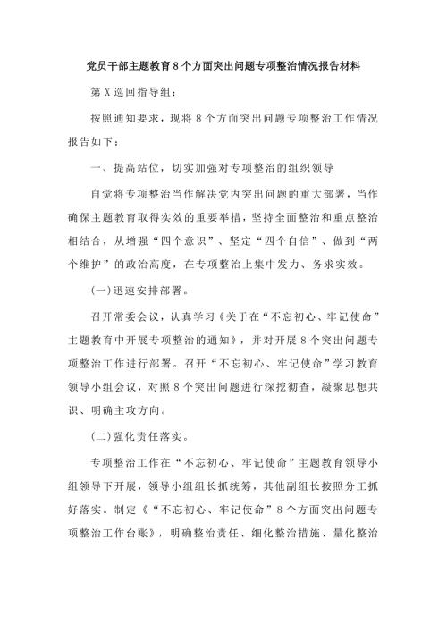 党员干部主题教育8个方面突出问题专项整治情况报告材料.doc