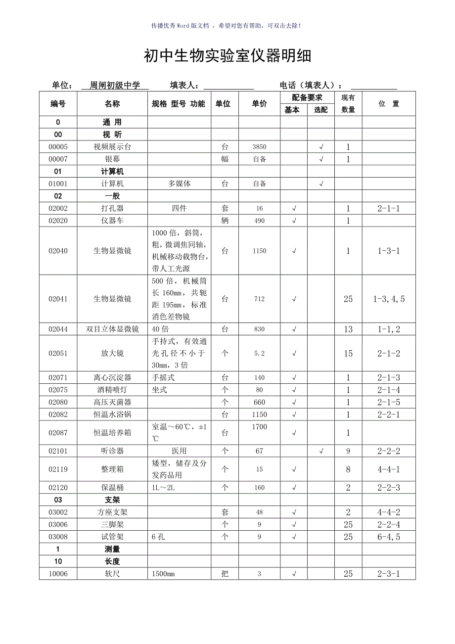 初中生物实验室仪器明细Word版.doc_第1页