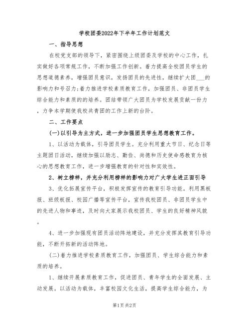 学校团委2022年下半年工作计划范文.doc