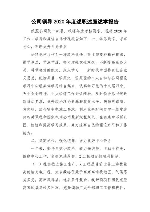 公司领导2020述职述廉述学报告.doc