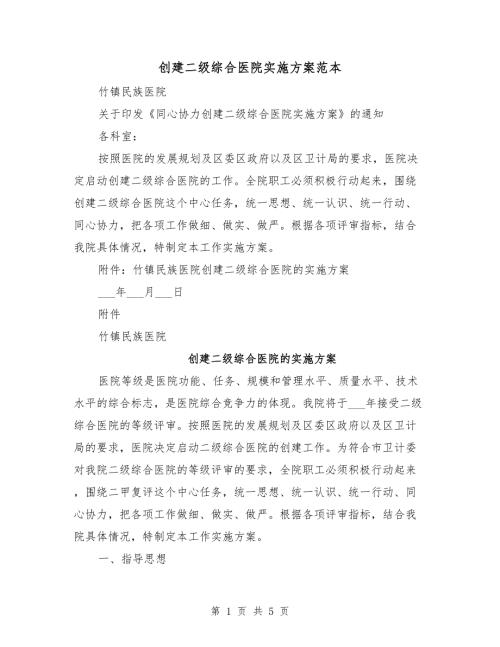 创建二级综合医院实施方案范本.doc