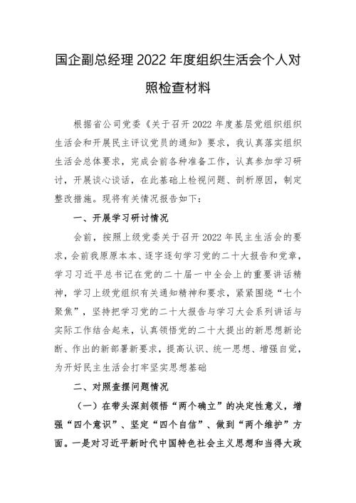 国企副总经理2022组织生活会个人对照检查材料.docx