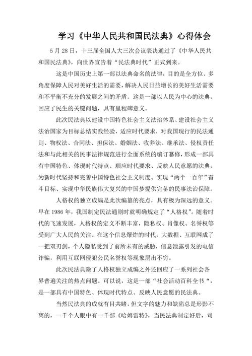 学习中华人民共和国民法典心得体会.doc