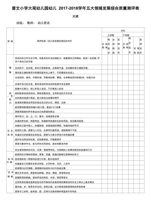 大班幼儿园幼儿五大领域发展综合质量测评表大班组.docx