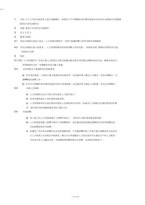 劳动派遣员工短缺应急预案.doc
