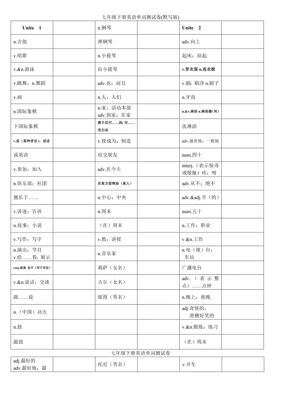 人教版七年级下册英语单词默写版.doc_第1页