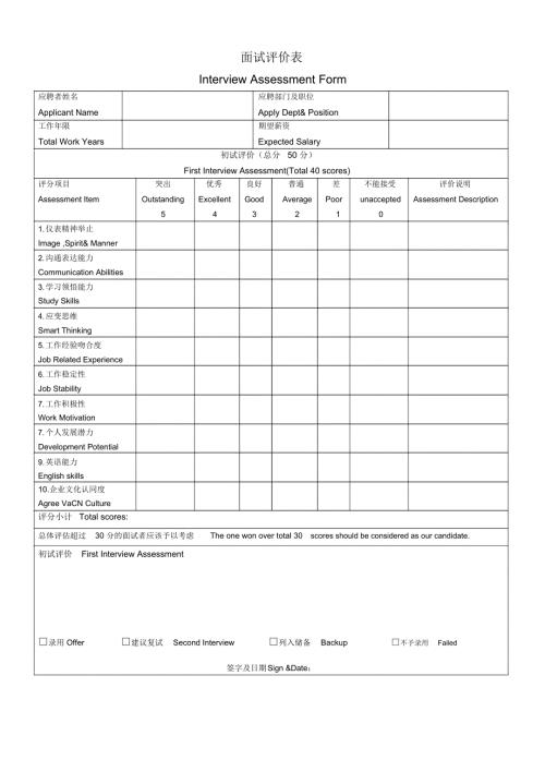 完整版面试评价表中英文.doc