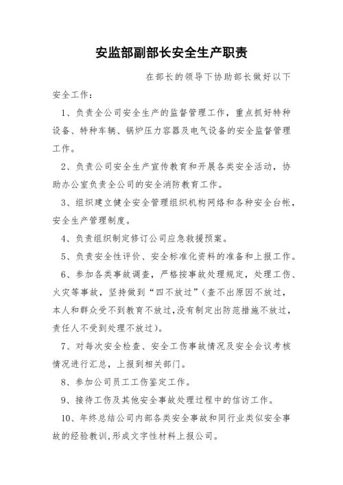 安监部副部长安全生产职责.docx
