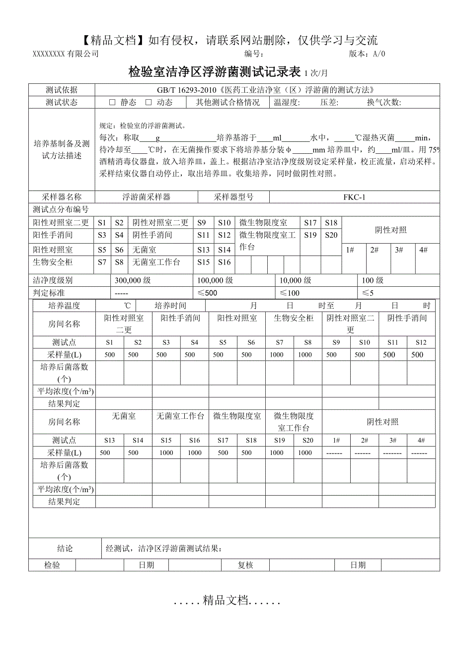 实验室洁净区浮游菌测试记录表.doc_第2页