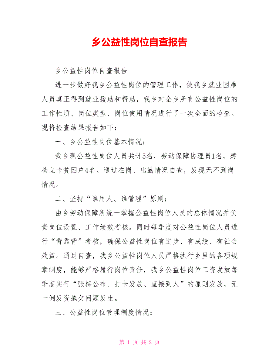 乡公益性岗位自查报告.doc_第1页