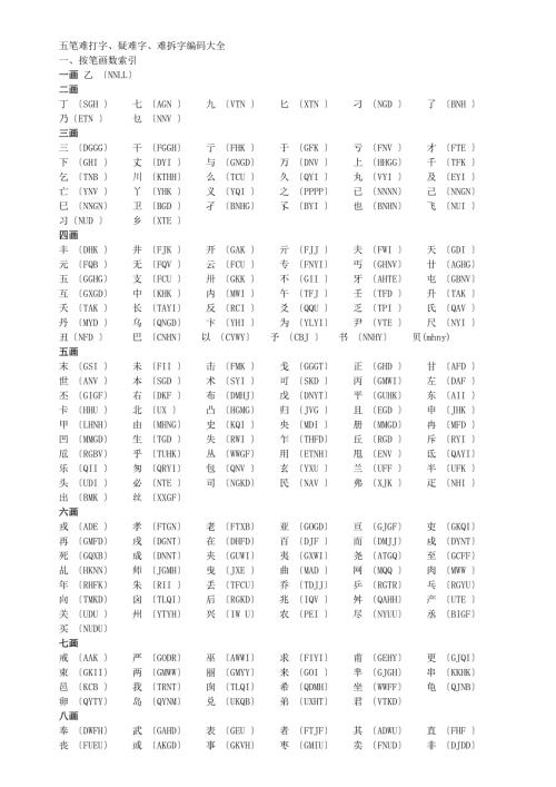 五笔难打字疑难字难拆字编码大全大汇总.doc