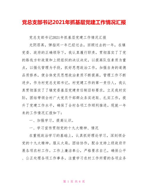 党总支部书记2021年抓基层党建工作情况汇报.doc