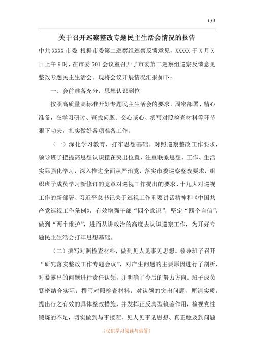 关于召开巡察整改专题民主生活会情况的报告.docx