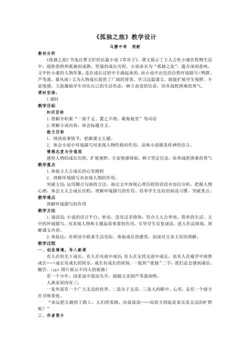公开课获得一等奖孤独之旅教学设计.doc