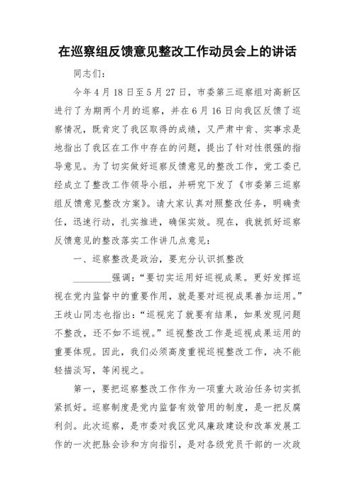 在巡察组反馈意见整改工作动员会上的讲话.doc