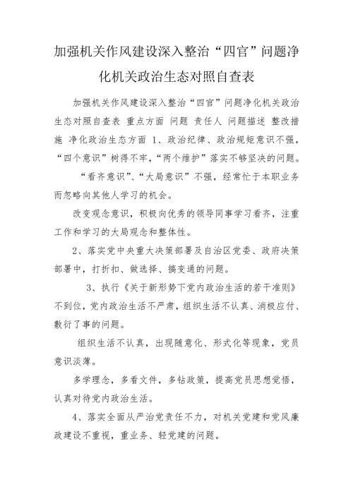 加强机关作风建设深入整治四官问题净化机关政治生态对照自查表.doc