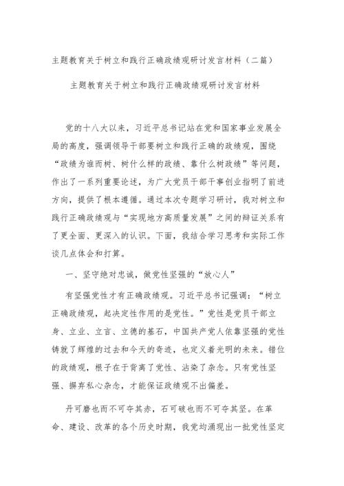 主题教育关于树立和践行正确政绩观研讨发言材料二篇.docx