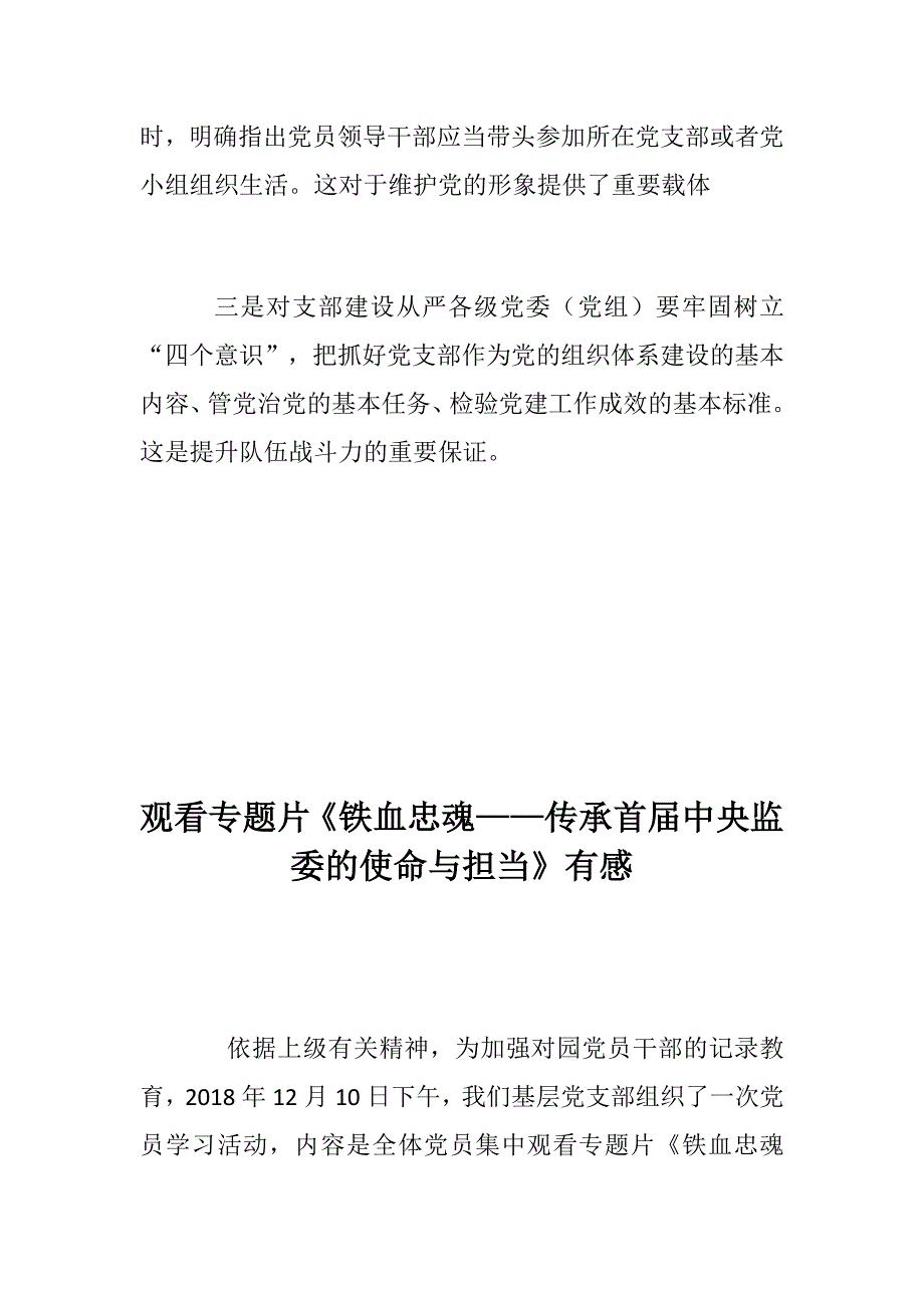 党建精选心得体会中国共产党支部工作条例的心得体会单位干部看铁血忠魂有感.docx_第2页
