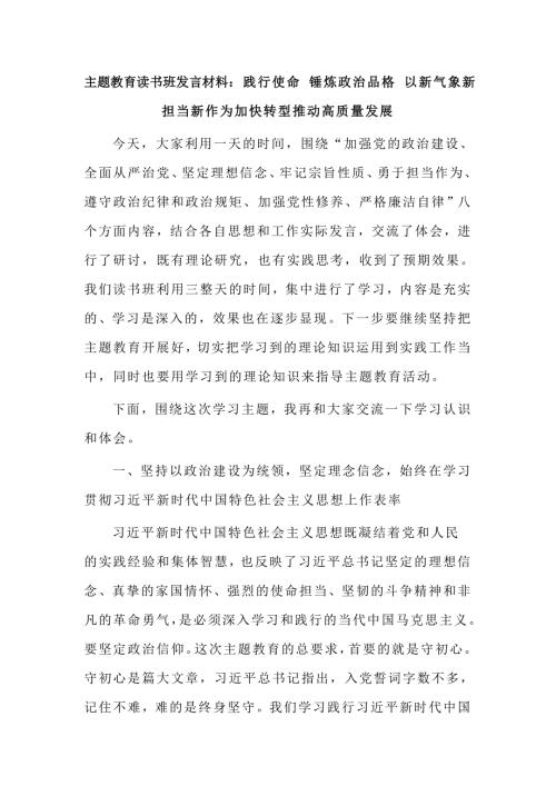 主题教育读书班发言材料践行使命锤炼政治品格以新气象新担当新作为加快转型推动高质量发展.doc