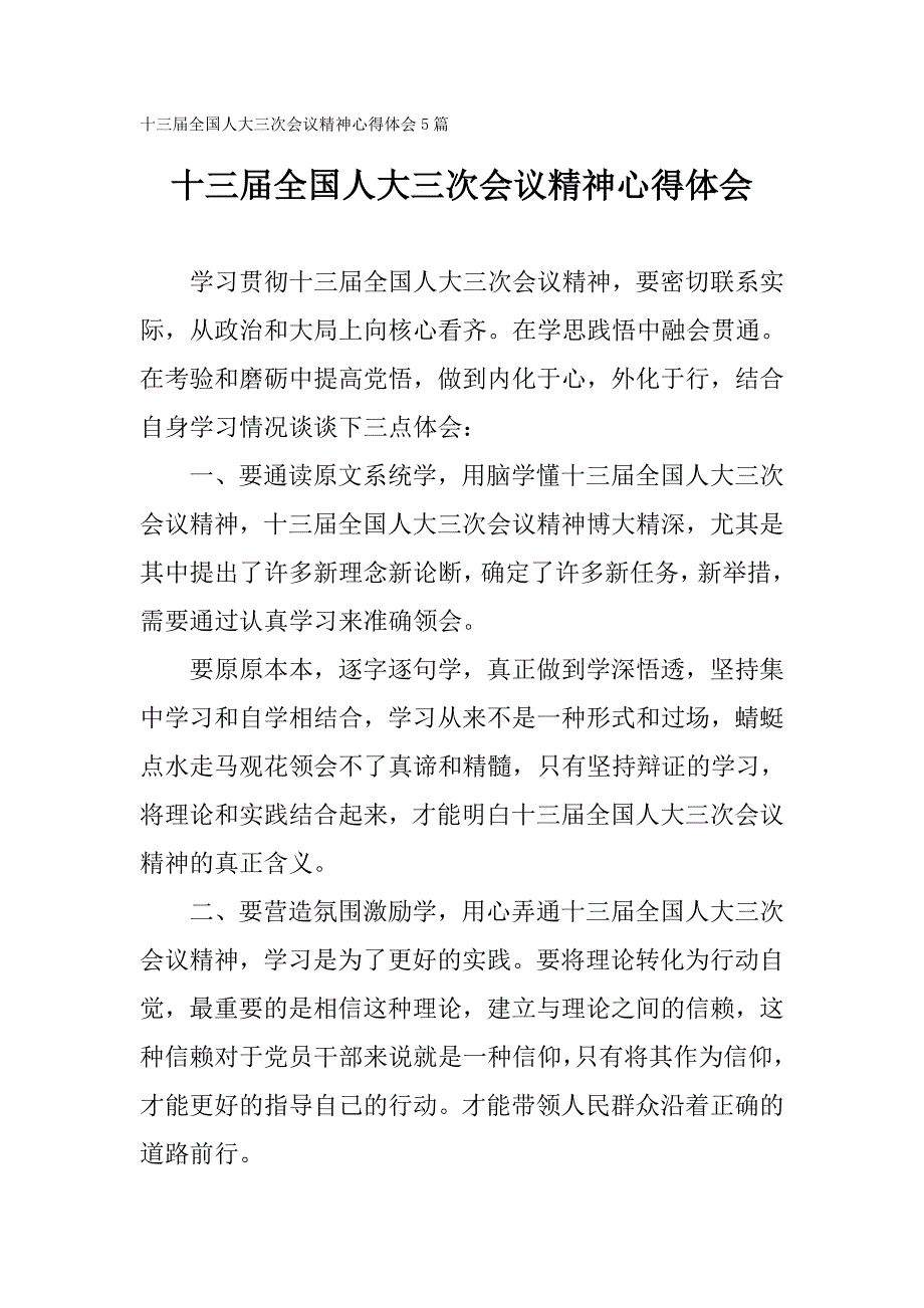 十三全国人大三次会议精神心得体会5篇.doc_第1页