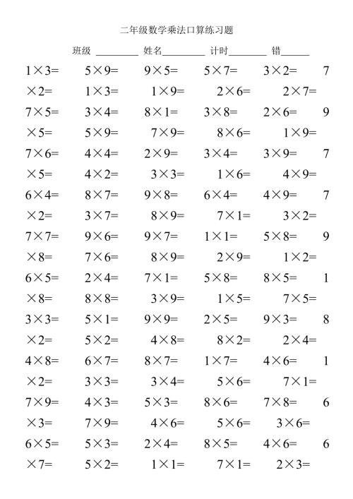 二年级数学乘法口算练习题100道.doc