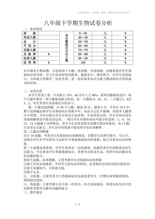 八年级下学期生物试卷分析.doc