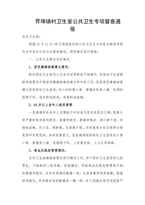 全镇村卫生室公共卫生专项督查通报.doc