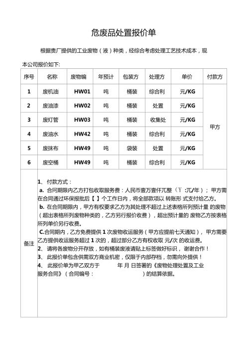 危废品处置报价单.doc