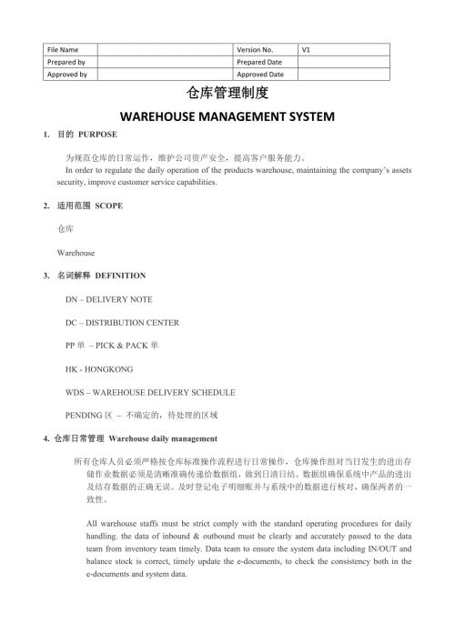 仓库管理制度中英文双语对照版仓库工作职责与流程.doc