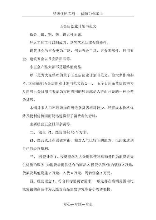 五金店创业计划书范文共5页.docx