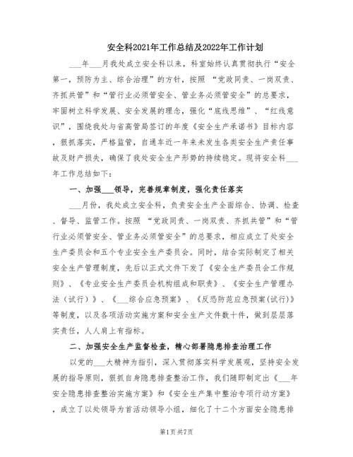 安全科2021年工作总结及2022年工作计划.doc