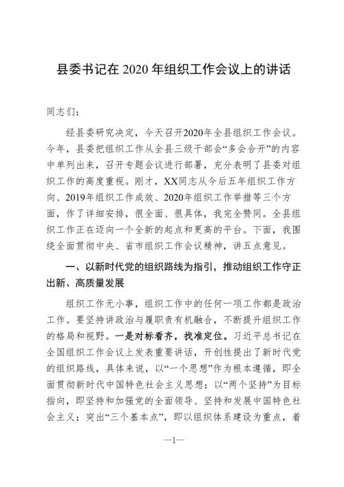 县委书记在2020年组织工作会议上的讲话.docx