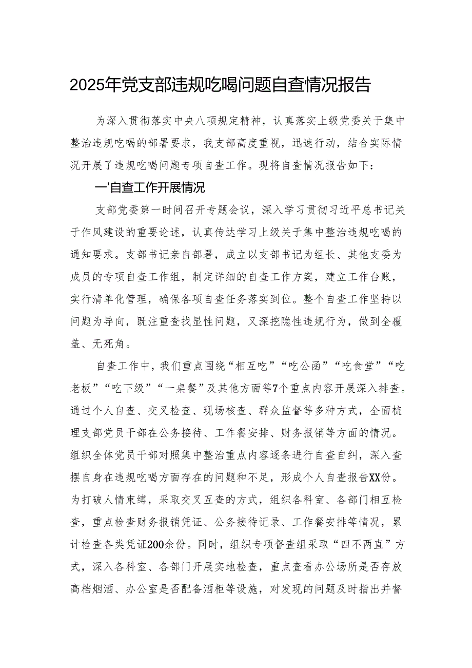 2025年党支部违规吃喝问题自查情况报告.docx_第1页