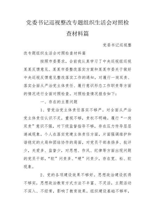 党委书记巡视整改专题组织生活会对照检查材料篇.doc
