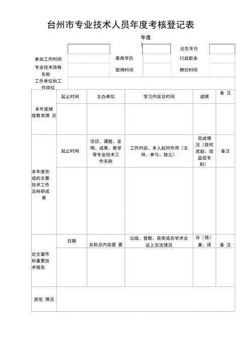 台州市专业技术人员考核登记表.doc