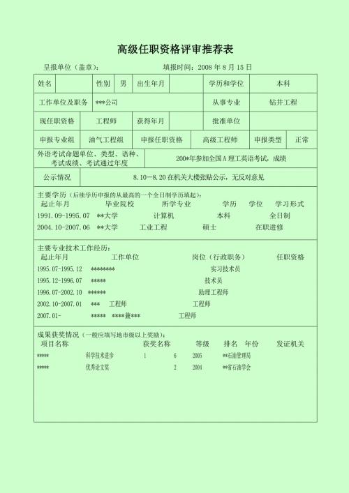 中石油专业技术职务任职资格评审表填写范本高级评审表.doc