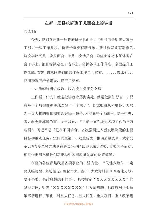 在新一县政府班子见面会上的讲话.docx