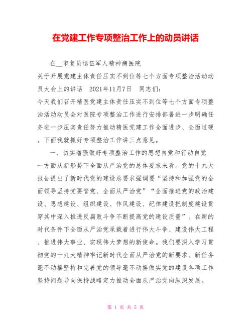 在党建工作专项整治工作上的动员讲话.doc