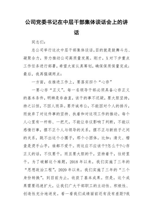 公司党委书记在中层干部集体谈话会上的讲话.doc