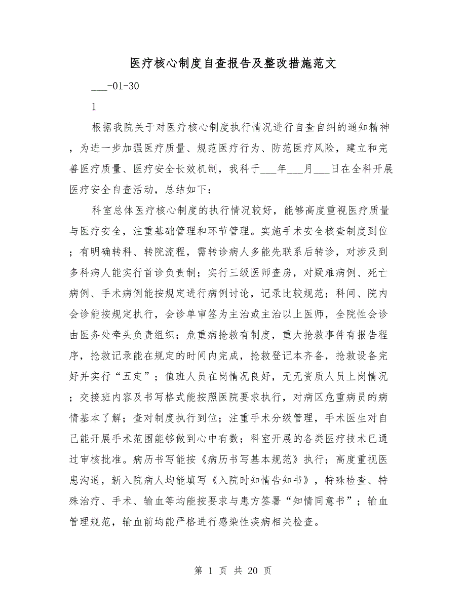 医疗核心制度自查报告及整改措施范文.doc_第1页
