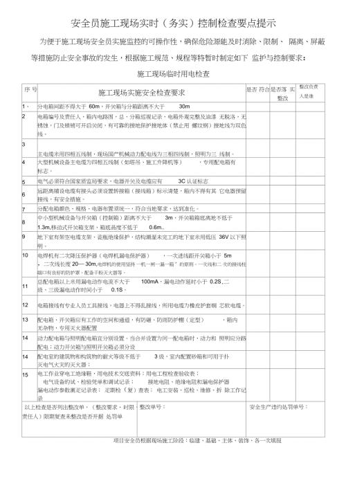 安全员施工现场实时控制检查要点提示完整版.doc