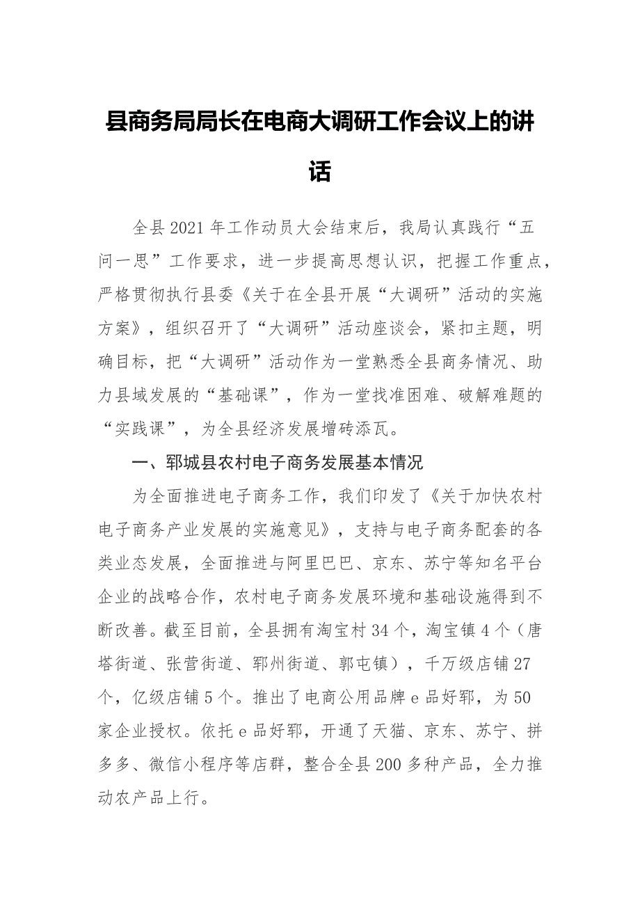 县商务局局长在电商大调研工作会议上的讲话.docx_第1页